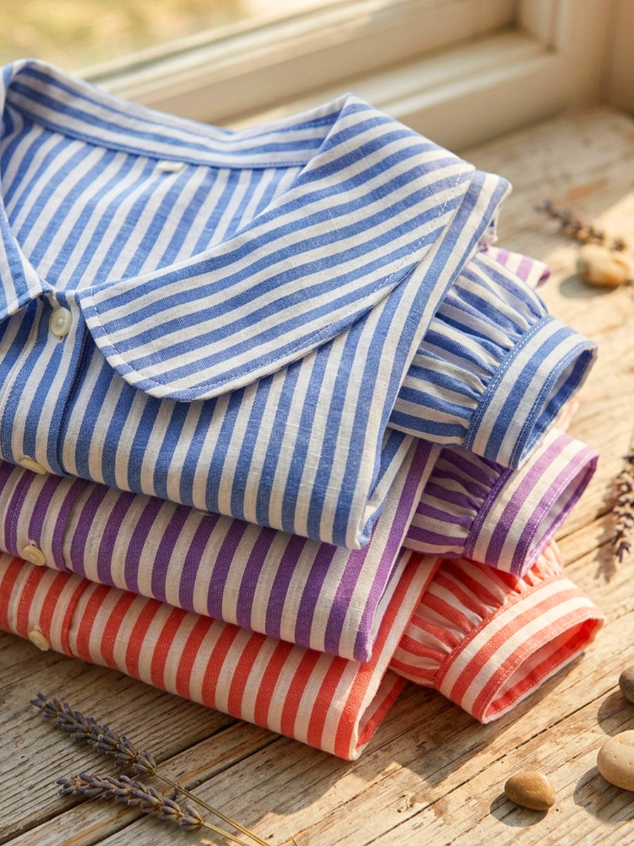 New Arrivals🔥 Women's Retro Peter Pan Collar Striped Cotton Linen Shirt