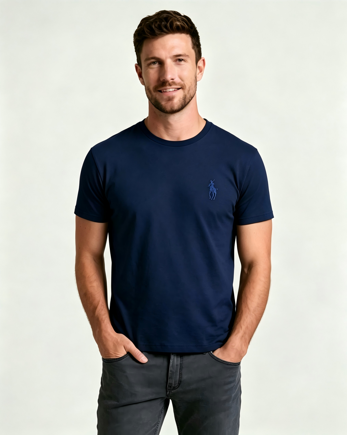 Men's Basic Crew-Neck T-Shirt – Embroidered Blue Pony Logo, Casual Soft Pure Cotton Short-Sleeve Top