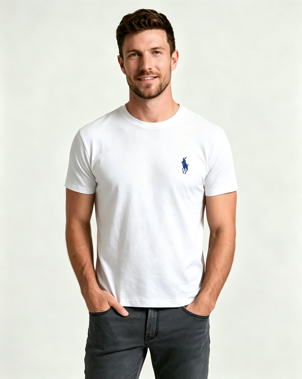 Men's Basic Crew-Neck T-Shirt – Embroidered Blue Pony Logo, Casual Soft Pure Cotton Short-Sleeve Top