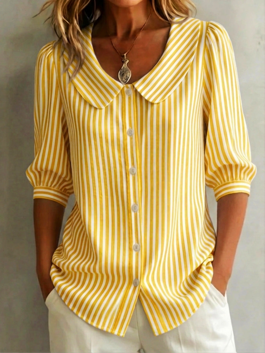 New Arrivals🔥 Women's Retro Peter Pan Collar Striped Cotton Linen Shirt